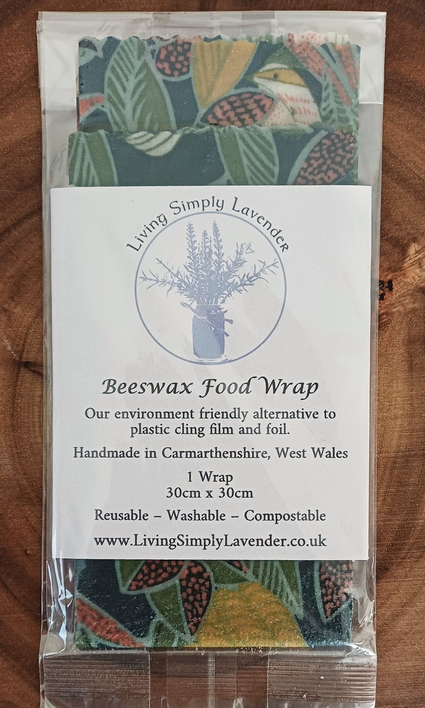 Birds and Floral Pattern - Reusable Cotton Beeswax Food Wrap 30 x 30 cm