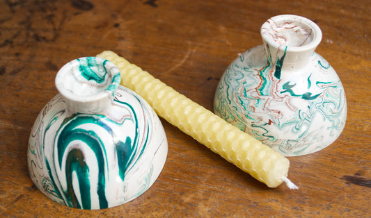 Decorative Marbled Candle Holders - Pair