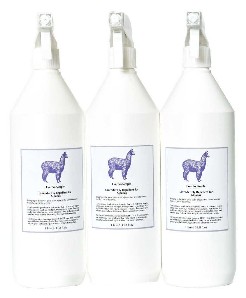 Fly repellent for alpacas. Made from only lavender hyrosol. No deet or any other harsh chemicals added.