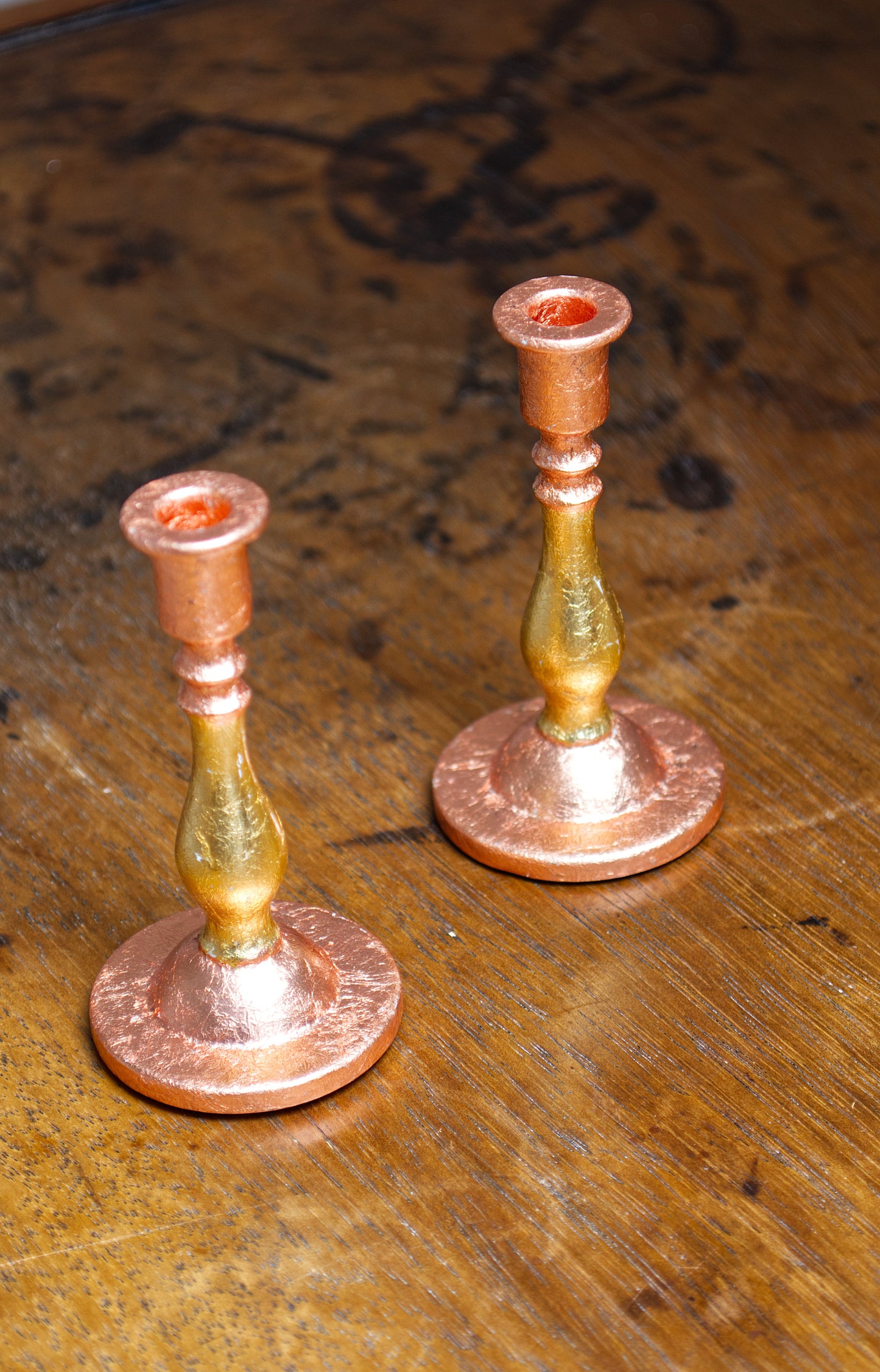 Copper and Dutch Metal Gilded Candle Sticks