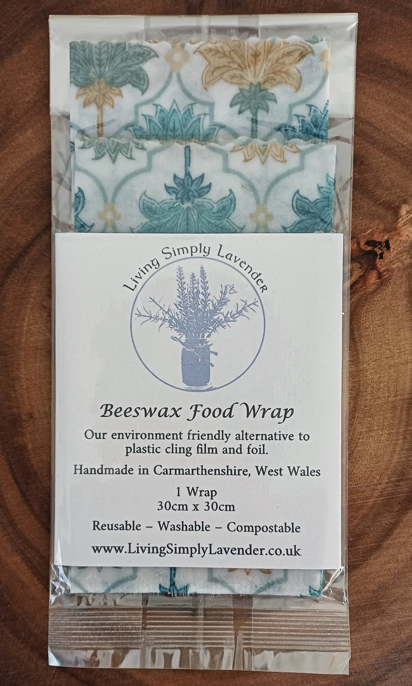 Gold and Blue Floral Pattern - Cotton Beeswax Food Wrap 30 x 30 cm