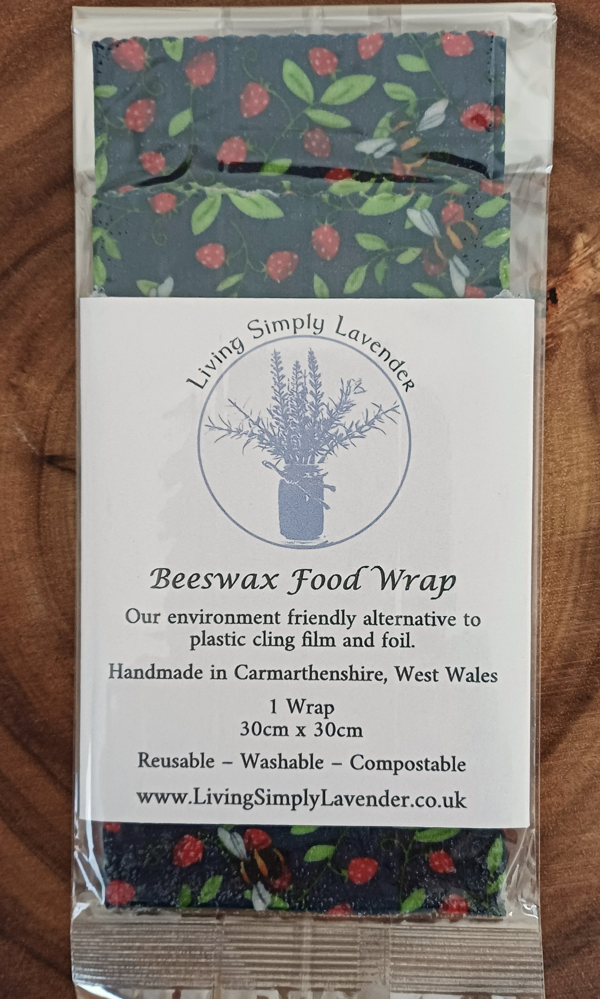 Beeswax food wrap with strawberries, floral and bees design