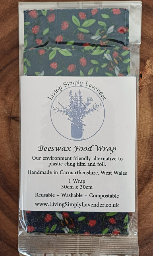 Beeswax food wrap with strawberries, floral and bees design